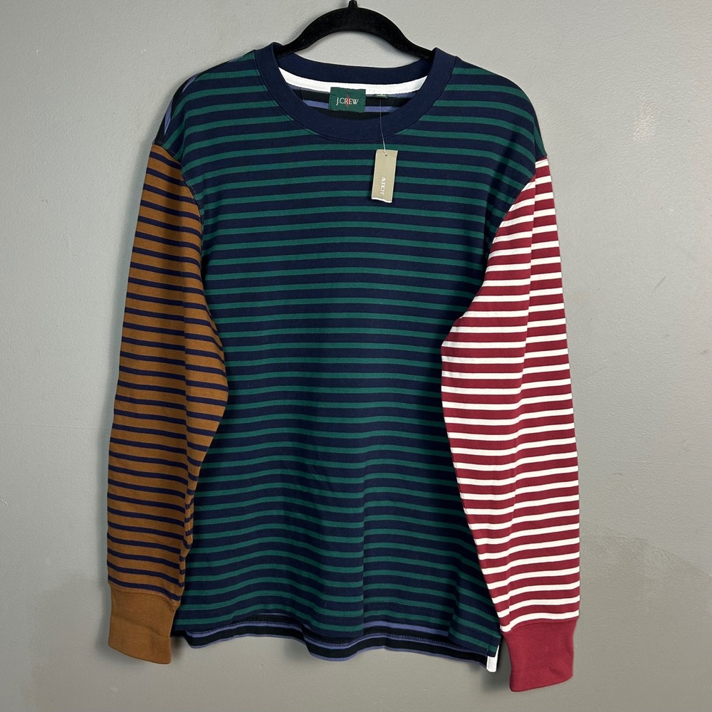 J Crew Rugby Crewneck Shirt Mens Medium Heritage Stripe Oarsman Elbow Patch Prep